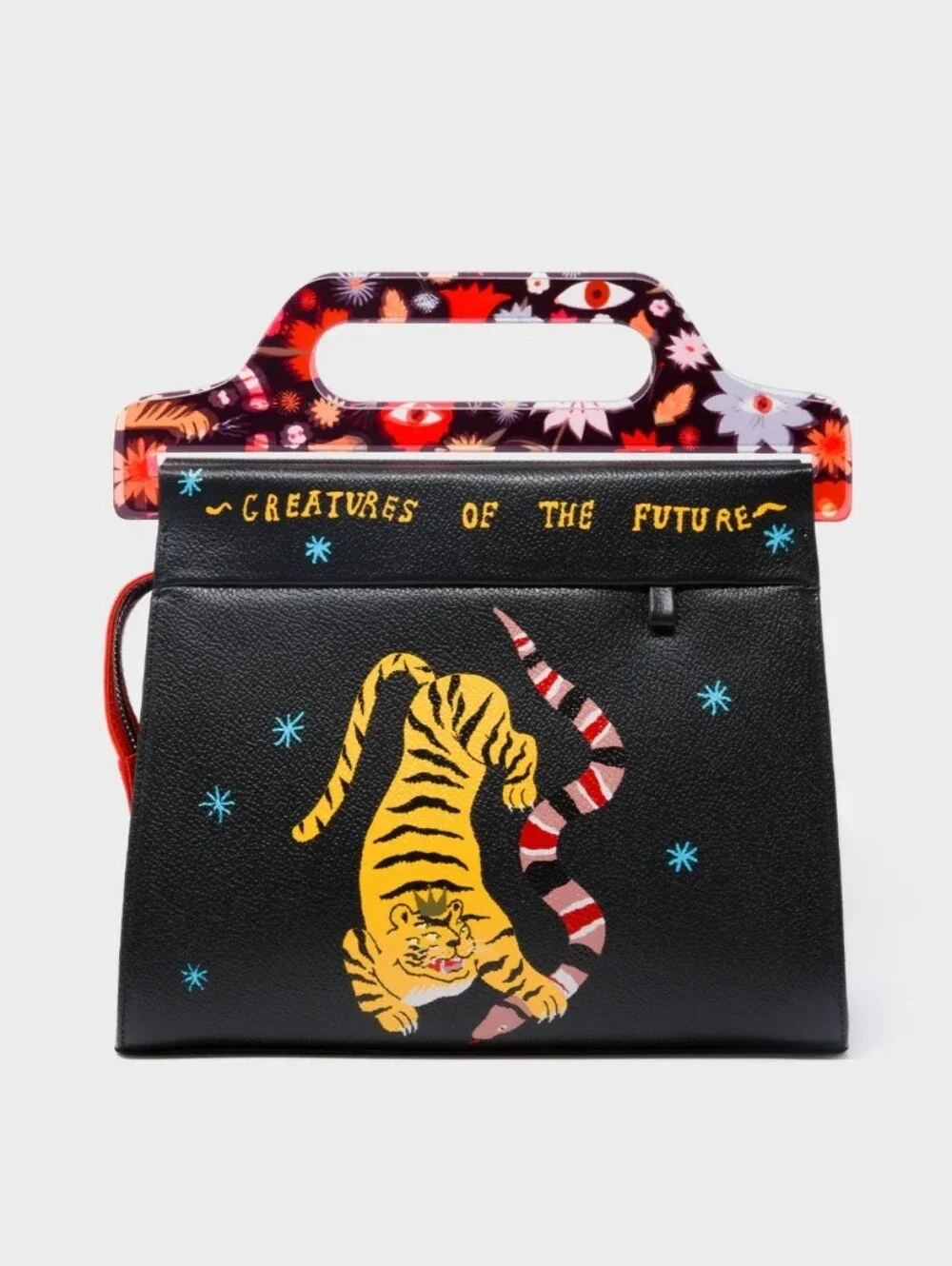 MIN & MON VALI LEATHER CROSSBODY BAG PLASTIC HANDLE - TIGER AND SNAKE PRINT